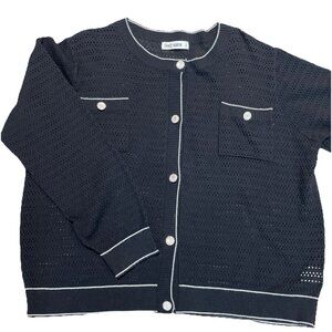 Grace Karin Open Weave Cardigan Sweater 2XL Black Faux Pearl Buttons Old Money